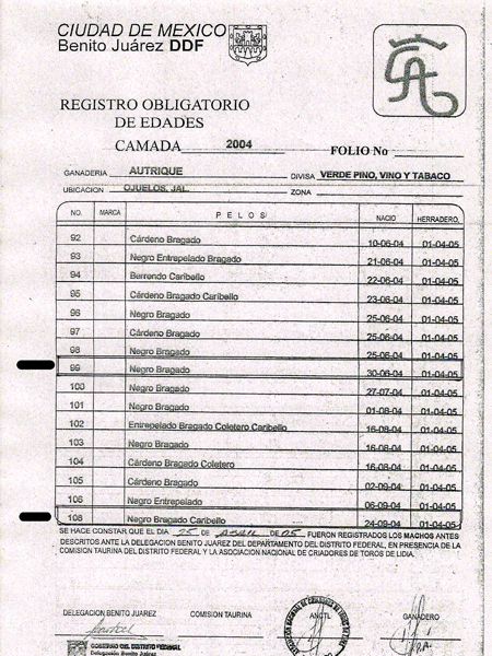Certificado del toro: 99 y 108
