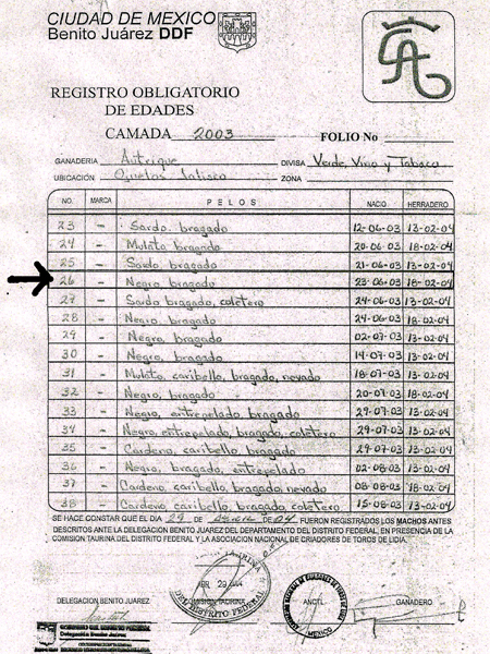 Certificado del Toro: 26